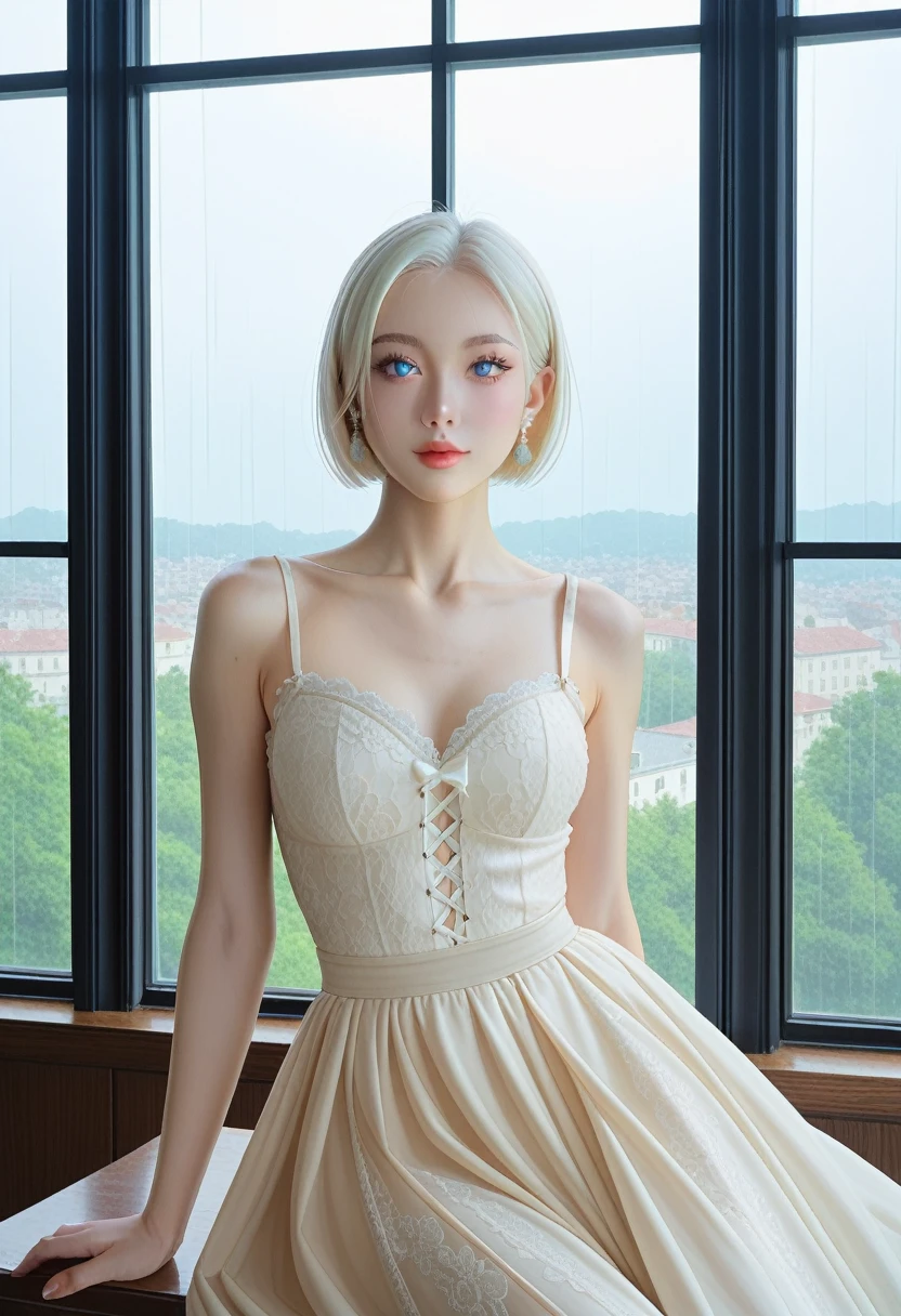 ((masterpiece, best quality, photography, RAW quality)), (pretty blonde with white hair, perfect face, ((blue eyes, sharp pupil, perfect, well defined, quality))), (white hair, long straight ), (classic, luxurious black low-cut dress, lace, tulle, ribbons, intricate, showcasing her perfect body), ((sitting on the edge of a window, looking at the viewer)), rain visible through the window,