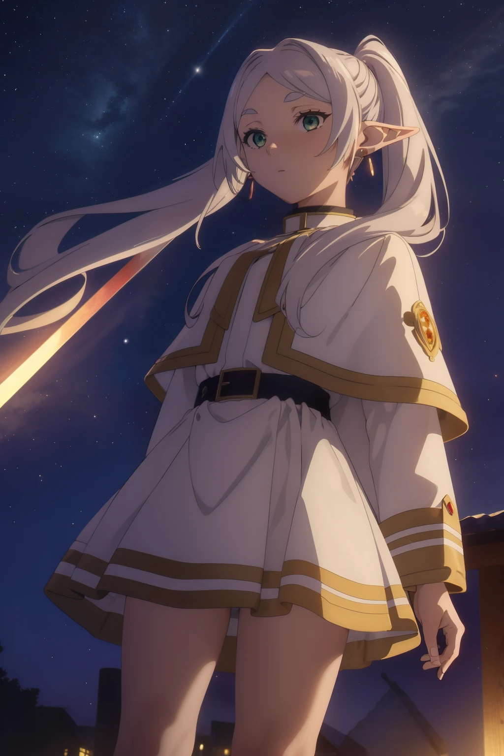 1girls,bara,elf,White Hair,Gray Hair,earrings,pointy ears,long-haired,Ponytail,green eyes,twintails,Parted Bangs,Thick eyebrows,coat with collar,white capelet,streaks shirt,long sleeve,streaks,White skirt.,
tights,brown shoes,expressionless,red staff,, beautiful image, high-res,masterpiece,bestquality,, beautiful image,high-res,masterpiece,bestquality,18yo,The young woman,Beautiful Finger,long beautiful legs,Beautiful body,Beautiful character design,white panties, Fly in the sky, Cast magic, beam of light from staff, Looking from below, She floats in the air, On the ground were hordes of demons. ,dark sky, nighttime