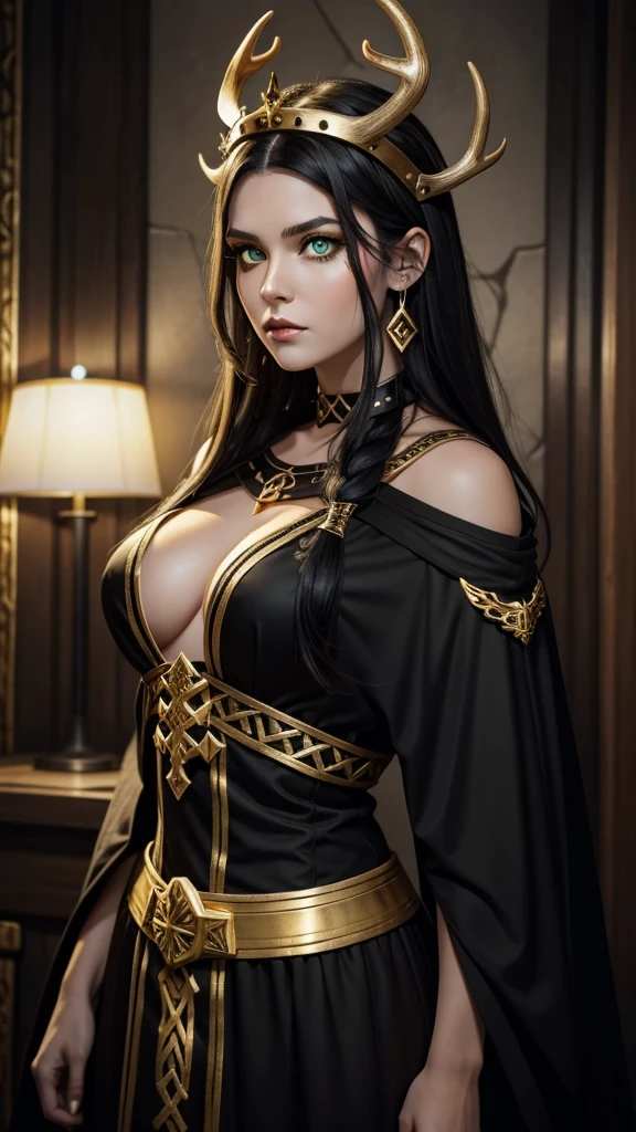 White girl with green eyes and black hair with dark viking makeup wearing a golden antler crown and a black and gold viking dress