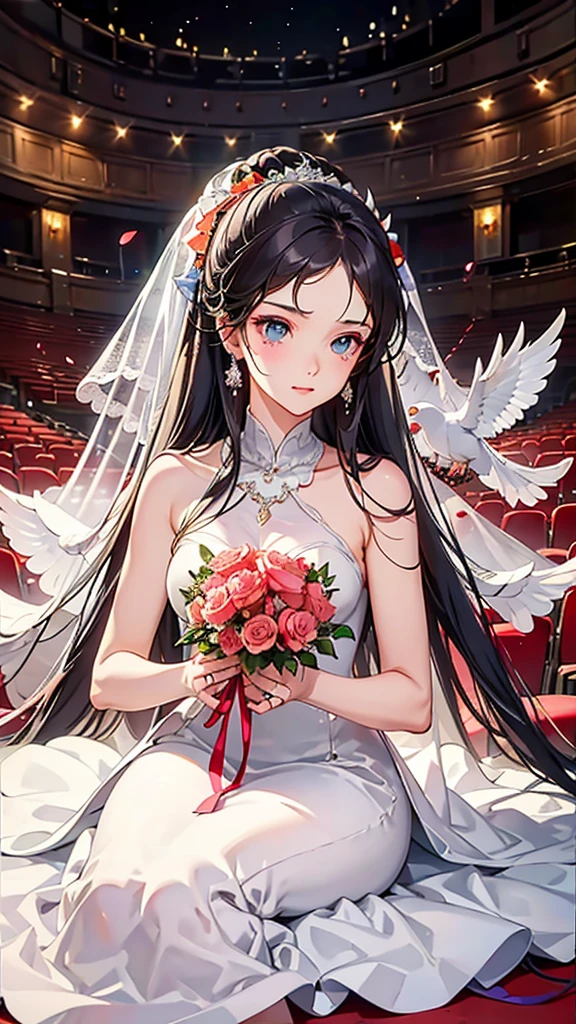 wedding gown,auditorium,Flying white doves,Holding a bouquet of roses,divino