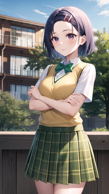masterpiece, best quality, highres, aaharuna, short hair, hairclip, forehead, , green bowtie, white shirt, sweater vest, yellow vest, short sleeves, plaid skirt, green skirt, pleated skirt, standing, cowboy shot, outdoors,