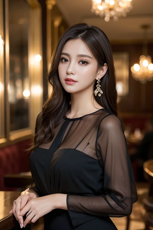masterpiece, Highest quality, Realistic, Very detailed, Finer details, High resolution, 8k wallpaper, One beautiful woman, Wear an elegant black see-through blouse, In a great restaurant, At night, Light brown messy hair, Perfect dynamic composition, Beautiful and beautiful eyes、Big earrings