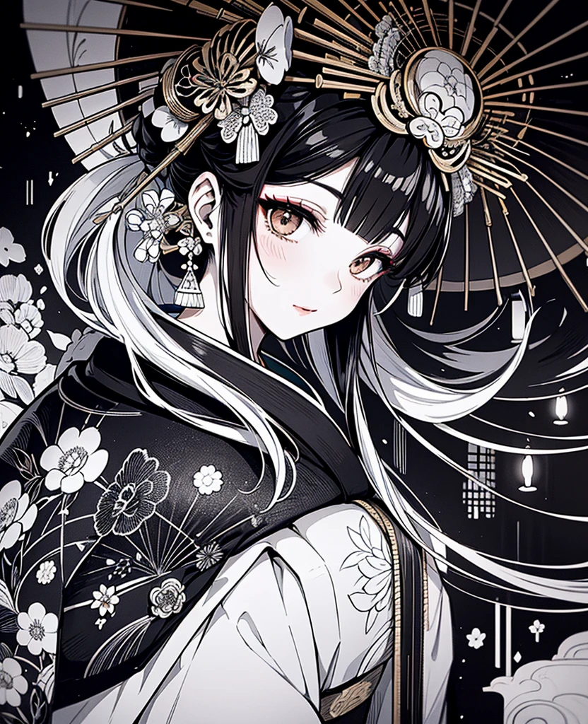 Ink and ink painting,Black and white painting,god々A beautifully and gorgeously decorated courtesan,A large, gorgeously decorated hairpin,Gorgeous kimono,(Oiran hairstyle, Date Hyogotaka),Large umbrella,Courtesan Procession,Night scenery with lanterns lined up,