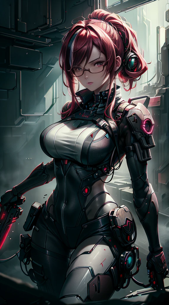((Best quality)), ((masterpiece)), (detailed:1.4), 3D, an image of a beautiful cyberpunk female,HDR (High Dynamic Range),Ray Tracing,NVIDIA RTX,Super-Resolution,Unreal 5,Subsurface scattering,PBR Texturing,Post-processing,Anisotropic Filtering,Depth-of-field,Maximum clarity and sharpness,Multi-layered textures,A 1 girl and Specular maps,Surface shading,Accurate simulation of light-material interaction,Perfect proportions,Octane Render,Two-tone lighting,Wide aperture,Low ISO,red balance,Rule of thirds,8K RAW, big tits(cleavage tits), red hair, black dark and red armor, glasses, red eyes, short hair, red and black color of weapon gun,
