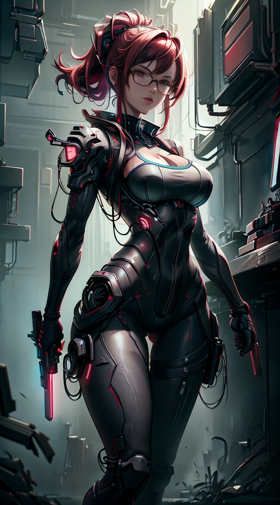 （Best quality：1.2），1 girl，Alone，permanent_，Ayanami Rei，White jumpsuit，Red Eyes，Pilot suits，short hair，Blue Hair，Bangs，Interface Headphones，turtleneck sweater，Hair between the eyes，Pixelated background，Neon lights，Sci-fi color scheme，Vibrant colors，Metallic，Detailed shadows，Holographic interface，Dark atmosphere，High contrast，Clear focus，A strand of hair，shiny reflective surfaces，Exquisite details，high resolution，Studio Lighting，Red embellishment，Lighting environment，Artificial intelligence assistant
