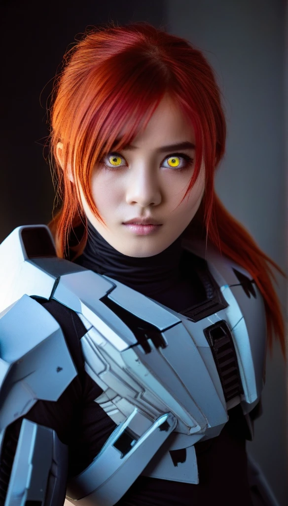 1 Girl、((glowing eyes, red eyes)), Medium Bust、solo、red Hair、Braid、Mobile Race Suit、Shoulder Armor、ceiling、Wide Shot、Looking Ahead、zipup suit 、Closed Mouth、Highest quality、medium quality、22 years old、Mobile Trace System、cockpit、Asian、CyborgCosplay
