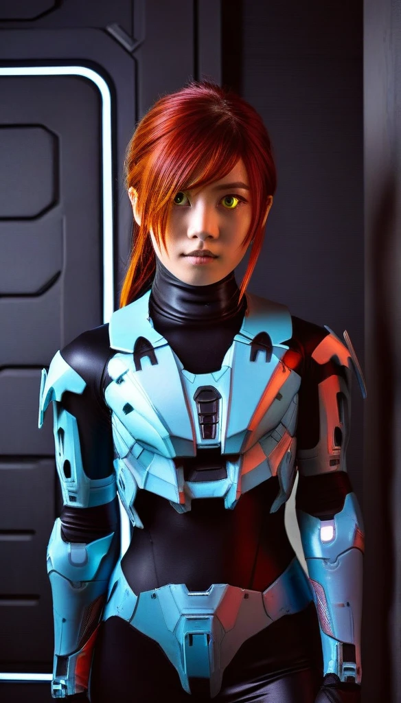 1 Girl、((glowing eyes, red eyes)), Medium Bust、solo、red Hair、Braid、Mobile Race Suit、Shoulder Armor、ceiling、Wide Shot、Looking Ahead、zipup suit 、Closed Mouth、Highest quality、medium quality、22 years old、Mobile Trace System、cockpit、Asian、CyborgCosplay
