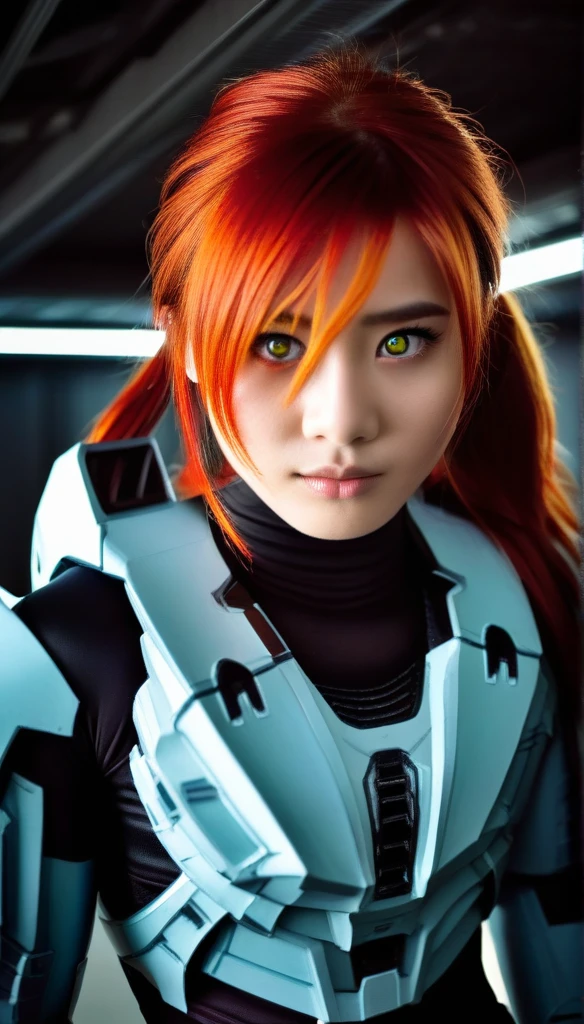 1 Girl、((glowing eyes, red eyes)), Medium Bust、solo、red Hair、Braid、Mobile Race Suit、Shoulder Armor、ceiling、Wide Shot、Looking Ahead、zipup suit 、Closed Mouth、Highest quality、medium quality、22 years old、Mobile Trace System、cockpit、Asian、CyborgCosplay
