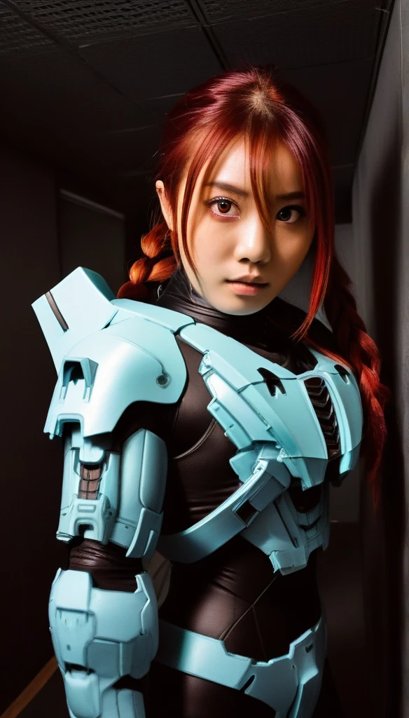 1 Girl、((glowing eyes, red eyes)), Medium Bust、solo、red Hair、Braid、Mobile Race Suit、Shoulder Armor、ceiling、Wide Shot、Looking Ahead、zipup suit 、Closed Mouth、Highest quality、medium quality、22 years old、Mobile Trace System、cockpit、Asian、CyborgCosplay