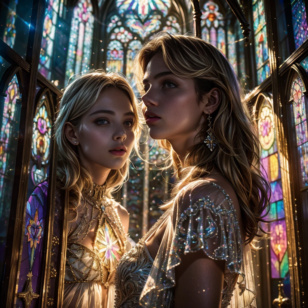  (Cathedral from below:1.28) (ZoomLayer) TopQuality 8K masterpiece of ((Professional photo)), (((Clarisse de Cagliostro))) (Detailed White WeddingDresses), Chain, (((Extremely detailed KAWAII face))) {((VeiledFace))|BlondeHair|(Elaborate BuleEyes)with(SparklingHighlights:1.28)}, The background is distant (((Elaborate stained glass))) Rainbow Glass, {(MysticSight)|EnchantingAtmosphere|Haze|(GodRays)|TyndallEffect}, Radiant PearlSkin with Transparency, (Exposed:0.39)