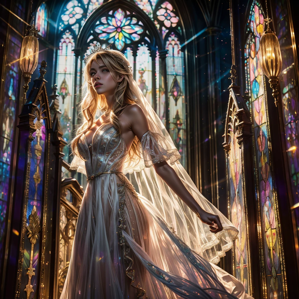  (Cathedral from below:1.28) (ZoomLayer) TopQuality 8K masterpiece of ((Professional photo)), (((Clarisse de Cagliostro))) (Detailed White WeddingDresses), Chain, (((Extremely detailed KAWAII face))) {((VeiledFace))|BlondeHair|(Elaborate BuleEyes)with(SparklingHighlights:1.28)}, The background is distant (((Elaborate stained glass))) Rainbow Glass, {(MysticSight)|EnchantingAtmosphere|Haze|(GodRays)|TyndallEffect}, Radiant PearlSkin with Transparency, (Exposed:0.39)