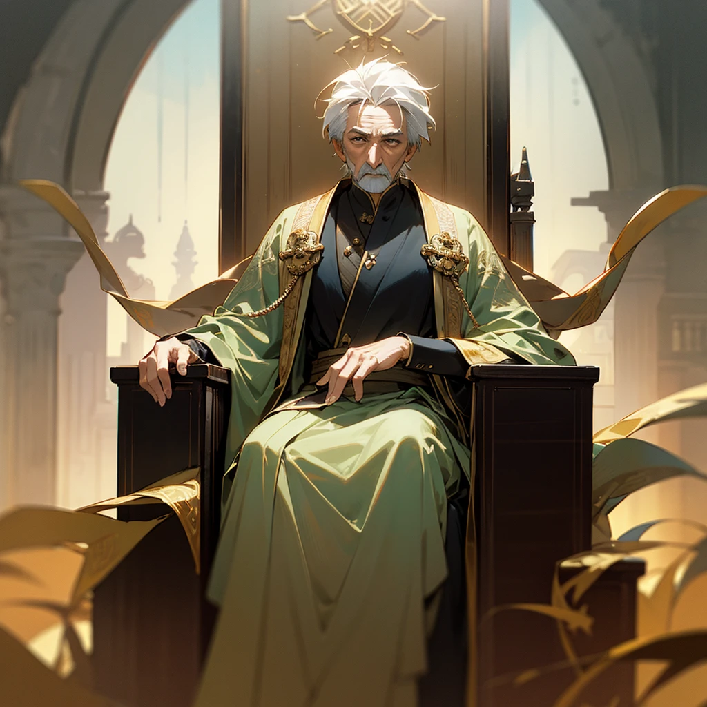 high resolution、A dignified king of a man。Old Man King。
Sitting on the throne。
Lavishly decorated costume。Fantasy