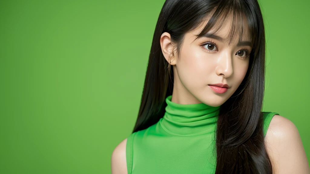 (Detailed face),vivid,cute,Sleeveless and(turtleneck)Green silky clothes,4K,Ultra-high resolution,(Photorealistic:1.7),Plain Green Background,Long black hair,