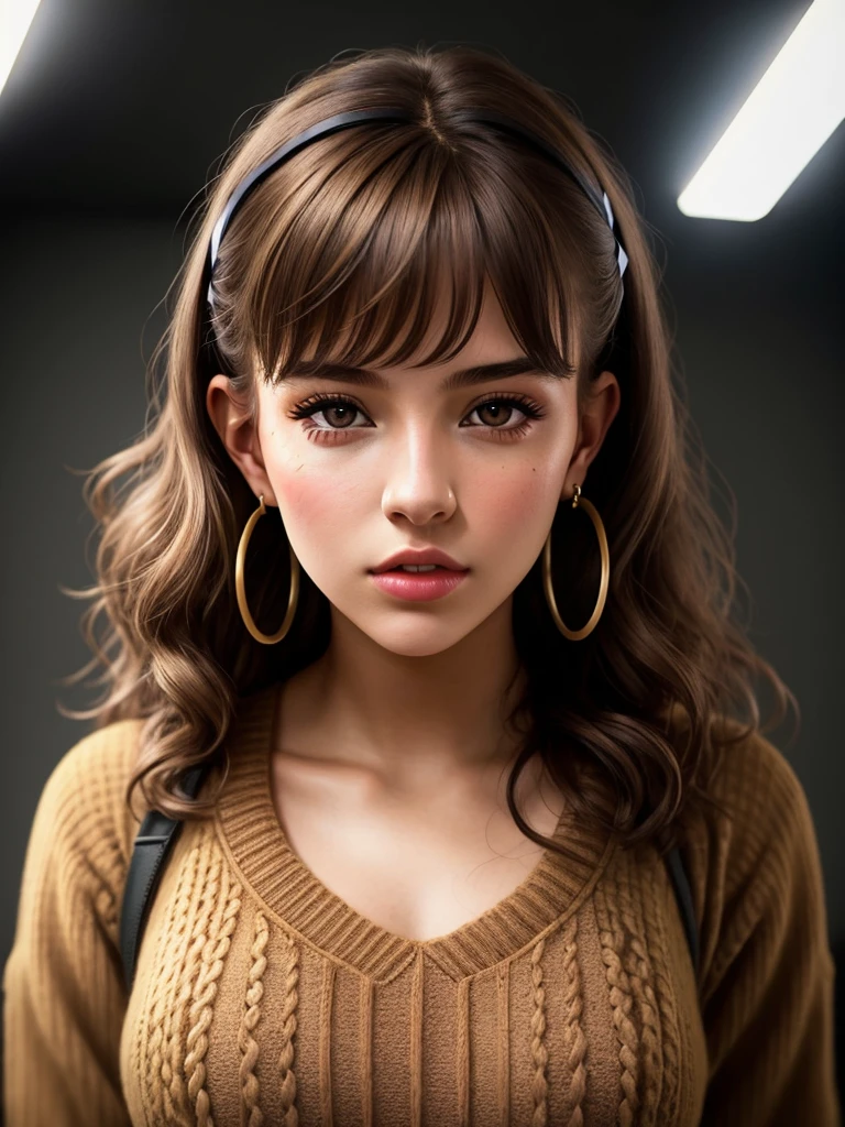 young girl aged 18 yrs old, 1girl, solo, Instagram model, athletic figure, wearing a brown sweater, light brown hair, curly hair, crossed bangs, constricted pupils, hair ribbon, hoop earrings, cinematic lighting, Ultra-Wide Angle, Canon, bust chart, Hyperrealism, UHD, masterpiece, textured skin, high details, best quality
