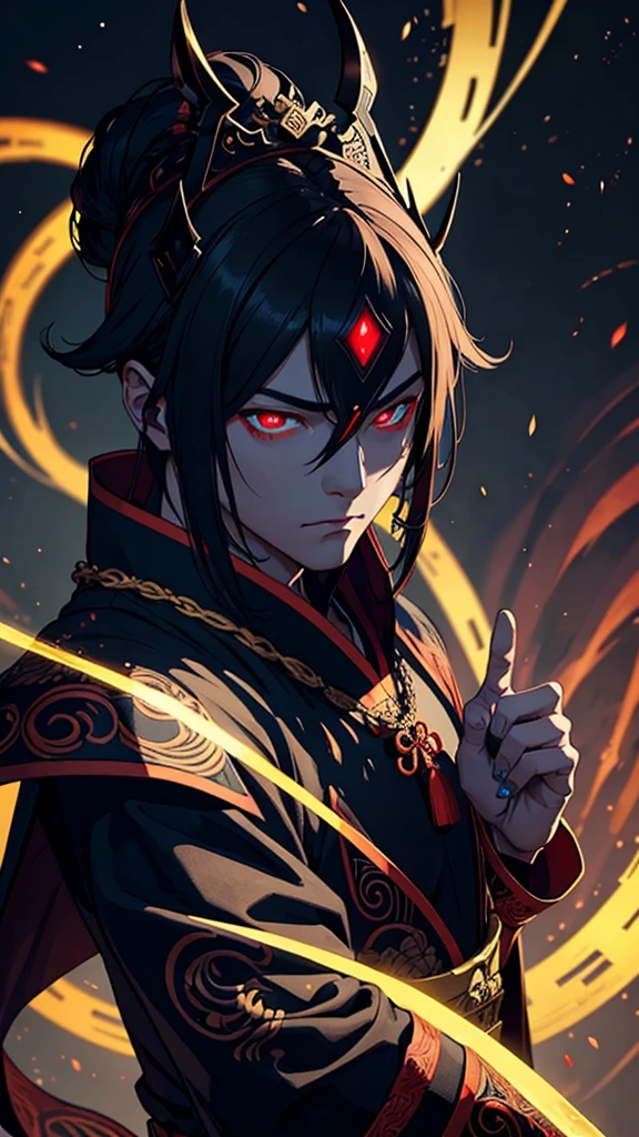 Close up a Mysterious male God figure in dark shape,chinese fantasy outfit,glowing eyes, death stares