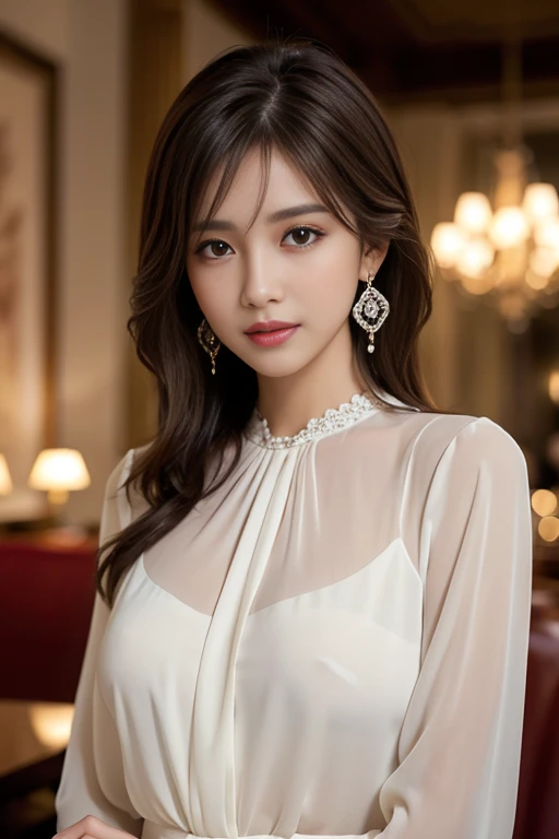 masterpiece, Highest quality, Realistic, Very detailed, Finer details, High resolution, 8k wallpaper, One beautiful woman, Wear an elegant white see-through blouse, In a great restaurant, At night, Light brown shaggy haircut, Perfect dynamic composition, Beautiful and beautiful eyes、Big earrings