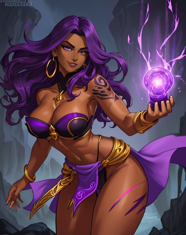 (best quality:1.3), (4K quality),masterpiece, best quality, high res, detailed, (Detailed face:1.2), (Detailed eyes:1.2), (Perfect figure:1.2), Fantasy style, Fantasy environment, solo, 1girl, 25 year old woman, sorceress, (Dark skin:1.5), purple hair, wavy hair, long hair, purple eyes, mascaras purple eyeshadow, smile, purple lipstick,(covered in tattoos:1.2), medium breasts, waist, slender legs, attractive body, slim figure, perfect shape, (Wearing: golden earrings, purple strapless crop-top, purple loincloth, bracelets, golden knee-high boots), looking at viewer, both hands glowing bright purple, purple magic, bright purple sparks in both hands, BREAK She's a sorceress that wields her magical powers with grace and precision, showcasing her exceptional abilities, She exudes an air of mystery and power, The artwork captures the essence of a strong and alluring character, (Strong and alluring character:1.3)