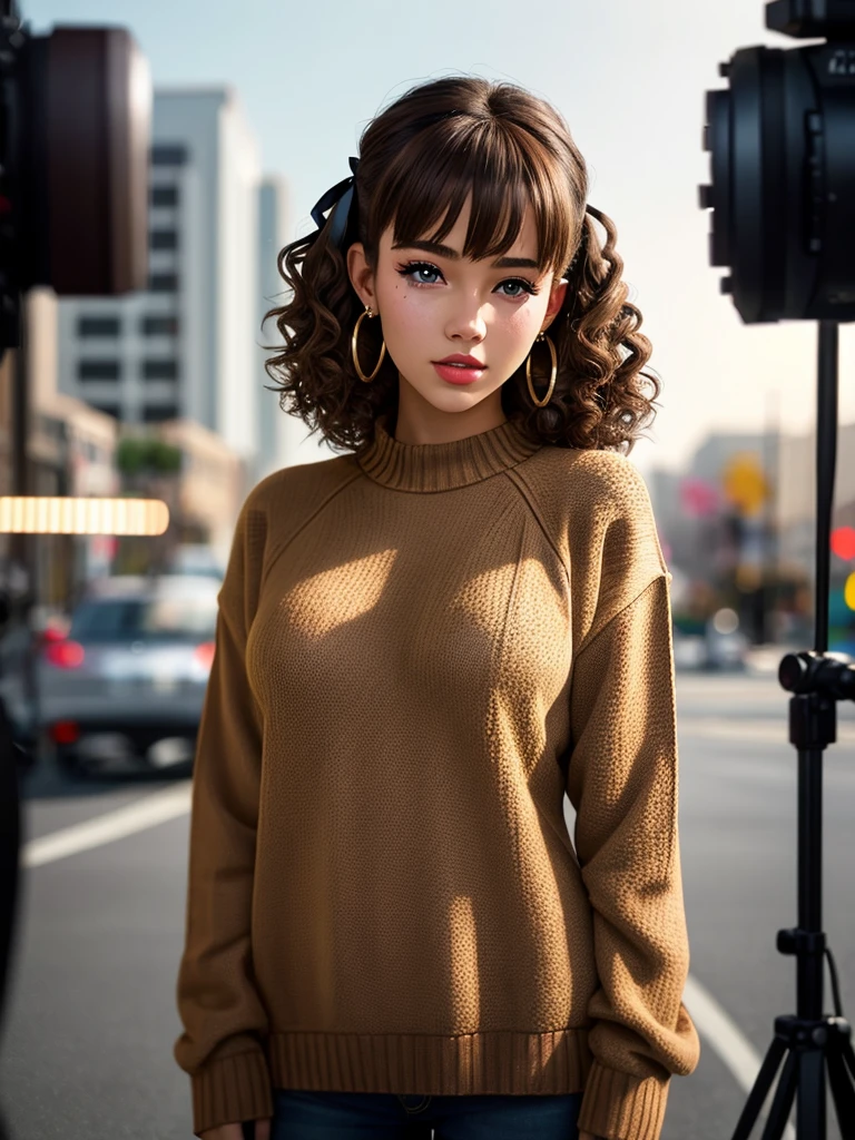 young girl aged 18 yrs old, 1girl, solo, Instagram model, athletic figure, wearing a brown sweater, light brown hair, curly hair, crossed bangs, constricted pupils, hair ribbon, hoop earrings, cinematic lighting, Ultra-Wide Angle, Canon, bust chart, Hyperrealism, UHD, masterpiece, textured skin, high details, best quality, full body photo