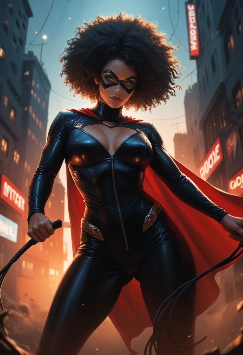 "Create an image of a superhero named Dama Dominante featured on the cover of a comic. She is in a powerful and confident pose, standing with legs slightly apart, holding a whip in one hand. Dominant Lady is of Afro-Brazilian and European ethnicity, with light brown skin and wavy brown hair. Her outfit is fitted black leather, with vibrant red and silver details. She wears a mask that covers the upper part of her face, leaving your green eyes visible. A short cape flutters in the wind, adding dynamism to the image. The background is a city at night, with skyscrapers and bright lights. Use dramatic lighting to highlight your figure, creating a silhouette effect with red and silver highlights on your outfit. She looks directly at the reader with an intense and confident gaze, exuding power and presence."