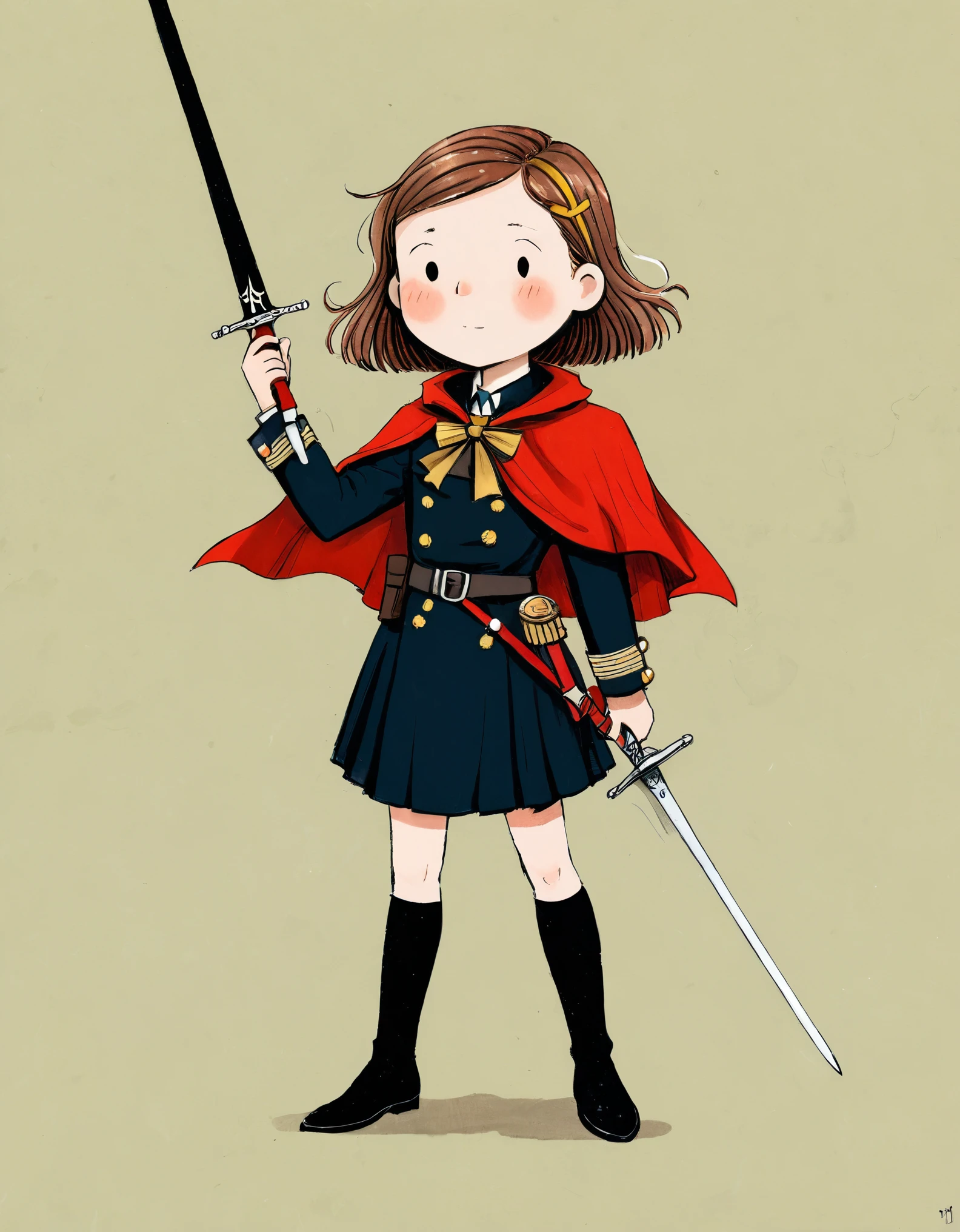 in style of Jean Jullien，,in style of Santiago Caruso,cutest，1girl,holding a fancy rapier in his hand,military uniforms,neckwear_request,red general's cape,ribbon,