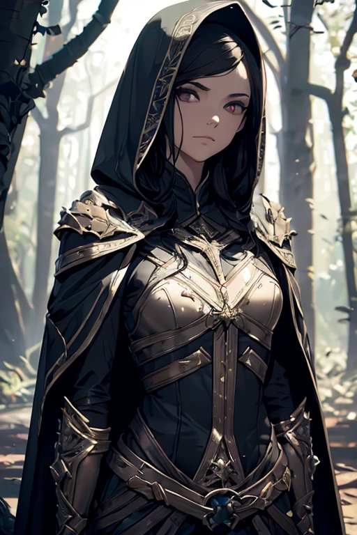 (Armor as well)(black leagwear), (RAW photo: 1.2), (Masterpiece artwork: 1.3), (best qualityer: 1.4), (detailed features of the outfit), HDR, 8K resolution, focus only, bangss, ( slender girl), dreamlike, (Armor as well), black thighhighs, (extremely detailed illustration), verification comment, request for comment, scenecy, No text, man, fully body, long hair, Bblack hair, middlebreasts, (Necromancer suit: 1.4), (hooded cape: 1.2)