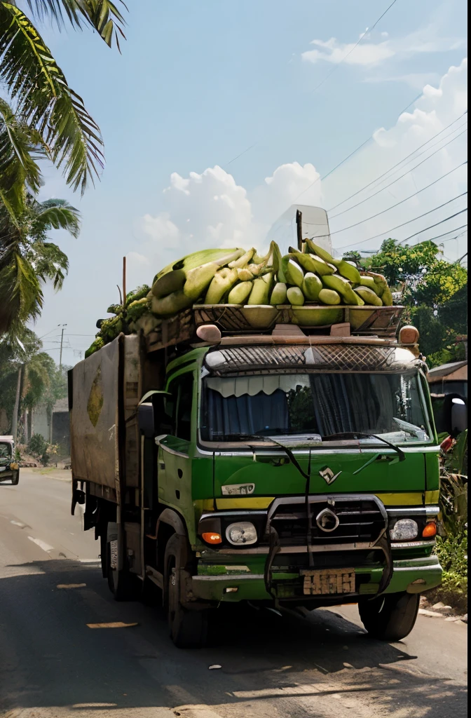 Cambodian car truck load with many green Banana fruit on Cargo and stuck on difficult road surrounding  with Banana Tree