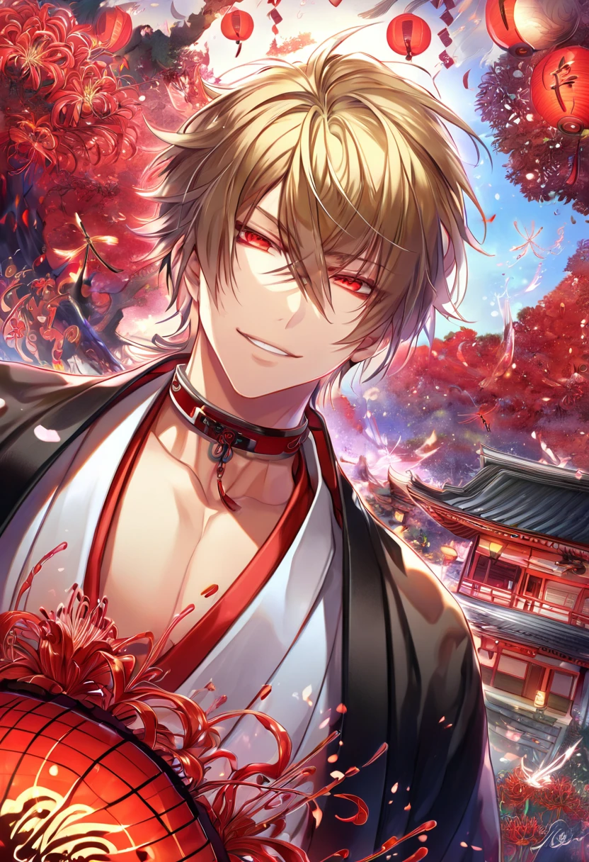 absurdres, highres, ultra detailed, HDR, master piece, best quality, detailed eyes, extremely detailed, delicated features, Kazama Chikage, dark blonde hair, expressive red eyes, Hakuouki, solo, sexy man, handsome, smile, white kimono, black haori, red collar, magical, fantasy, red spider lilies, red glittering dragonflies, red lanterns, traditional Japanese house, red trees, envy magical