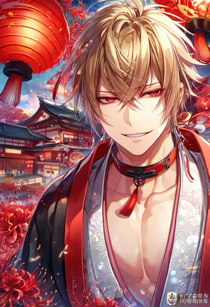 absurdres, highres, ultra detailed, HDR, master piece, best quality, detailed eyes, extremely detailed, delicated features, Kazama Chikage, dark blonde hair, expressive red eyes, Hakuouki, solo, sexy man, handsome, smile, white kimono, black haori, red collar, magical, fantasy, red spider lilies, red glittering dragonflies, red lanterns, traditional Japanese house, red trees, envy magical