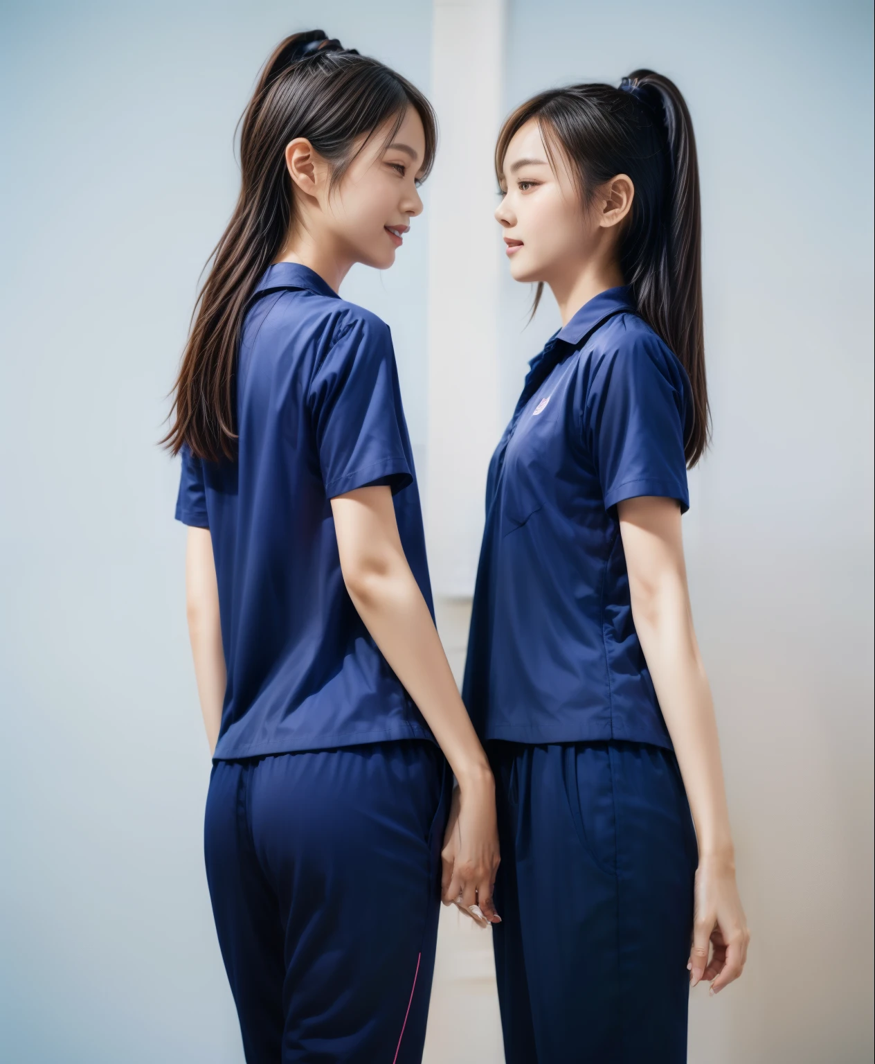 (best quality,10,10,height,Masterpiece:1.2),Special details,(realistic,ภาพrealistic,Realistic photos:1.37),1 Cute girl in the kitchen,shiny, ผิวshiny,only,smile softly,BDclothelue shirt:1.3)),short sleeve,shirt, กางเกงขาlong.,(navy_long_track pants:1.1), ((Kitchen Background)),Dynamic angle,excited,Face focus,dynamic poses,from behind,focus on ass,Masterpiece, best quality, ultra realistic, hyper detail, 8k resolution, raw photos, Sharp focus, ((Navy blue shirt:1.1)), short sleeve, เส้นทางlong, perfect body, 2 mature women, 18 years old, Cinema-grade lighting system,blue sweatpants,shirtผ้าออกกำลังกาย,correct ???????,perfect body, correct body, Sharp face, correct bodyทางกายวิภาค, full body, realistic gestures, long-haired, realistic poses,Wear long shorts...........................,ช่วงขาlong,Good shape,carved girl, Slender figure, model, Good shape, beautiful body,blue sweatpants, two girls kissing