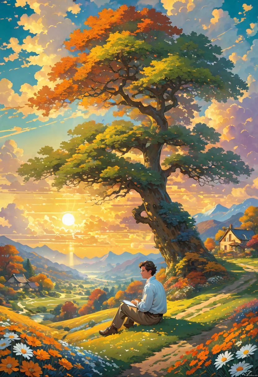 anime masterpiece: Create an image of a watchman., sunlit rural scene in vibrant, detailed anime style. The scene is a boy sitting next to a tree in an autumn meadow., looking at a vast golden sky with white clouds, an incredible sunset, tall green grass, daisy flowers, ULTRA Style Kilian Eng and Thomas Kinkade, Rob Gonsalves y Tim White. , silvain sarriel. Rhads y Thomas Kinkade, inspirado en Rhads, cyril rolando and m.I'm confused, cyril rolando and m. I'm confused, Rhads!!!