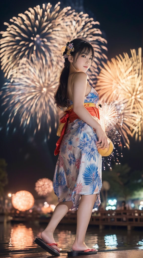 (((Masterpiece，Highest quality，Highest quality，8k，16K))，((Ultra-high resolution，Super detailed)))，Japanese，beautiful girl，Golden Ratio Style，Yukata，Hair tying，hairpin，Drawstring bag，geta，night，Outdoor，Summer festival，street vendors，Opening a store，Fireworks display，Fireworks，((河川敷にてSummer festivalのメインイベントであるFireworks displayのFireworksを背景にしたスナップ写真))，(日本のSummer festivalの風景)，