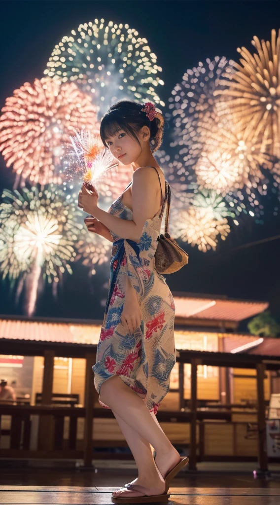 (((Masterpiece，Highest quality，Highest quality，8k，16K))，((Ultra-high resolution，Super detailed)))，Japanese，beautiful girl，Golden Ratio Style，Yukata，Hair tying，hairpin，Drawstring bag，geta，night，Outdoor，Summer festival，street vendors，Opening a store，Fireworks display，Fireworks，((河川敷にてSummer festivalのメインイベントであるFireworks displayのFireworksを背景にしたスナップ写真))，(日本のSummer festivalの風景)，