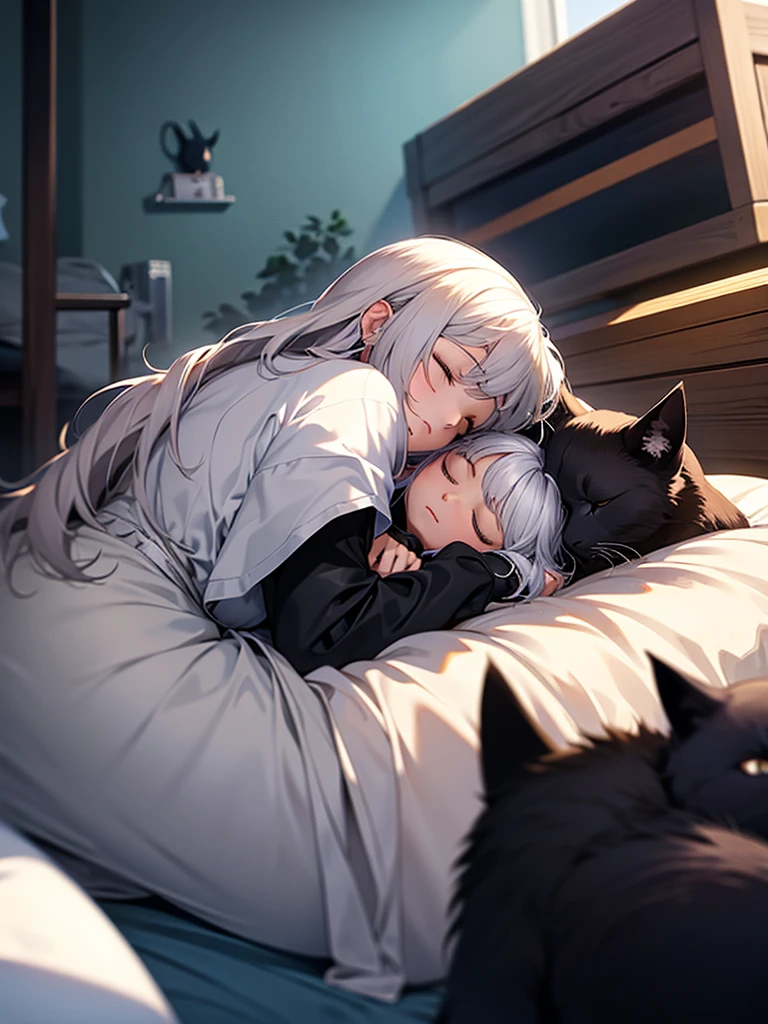 A white girl sleeps on top of a black cat as big as a bed.