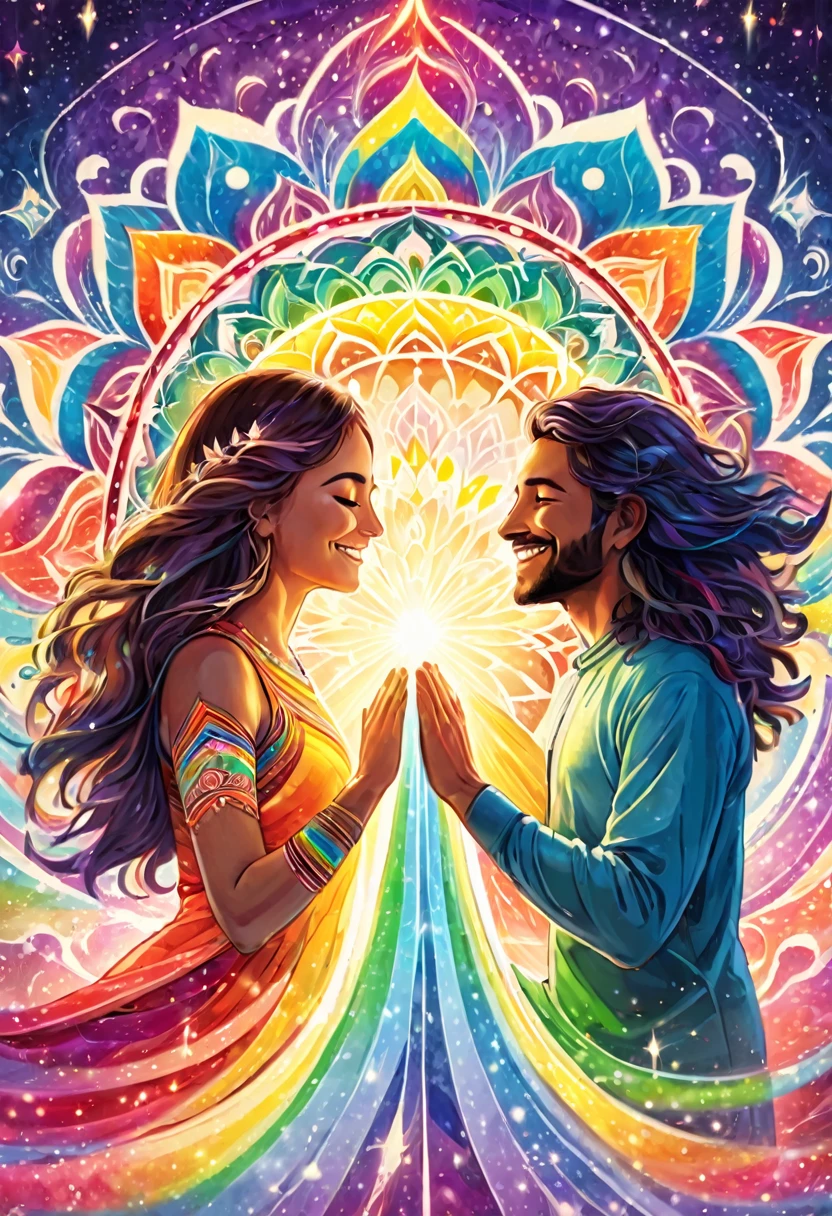 Souls of a man and woman in the light of a big chakra mandala, integration, holding hands and smiling, meditation, enlightenment, inspiration, love, shooting star, pastel colored rainbow light