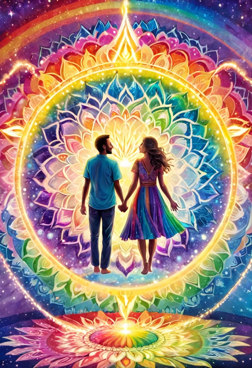Souls of a man and a woman in the light of a large chakra mandala., Integration, holding hands and smiling, meditation, lightning, inspiration, amar, Shooting Star, rainbow light pastel colors