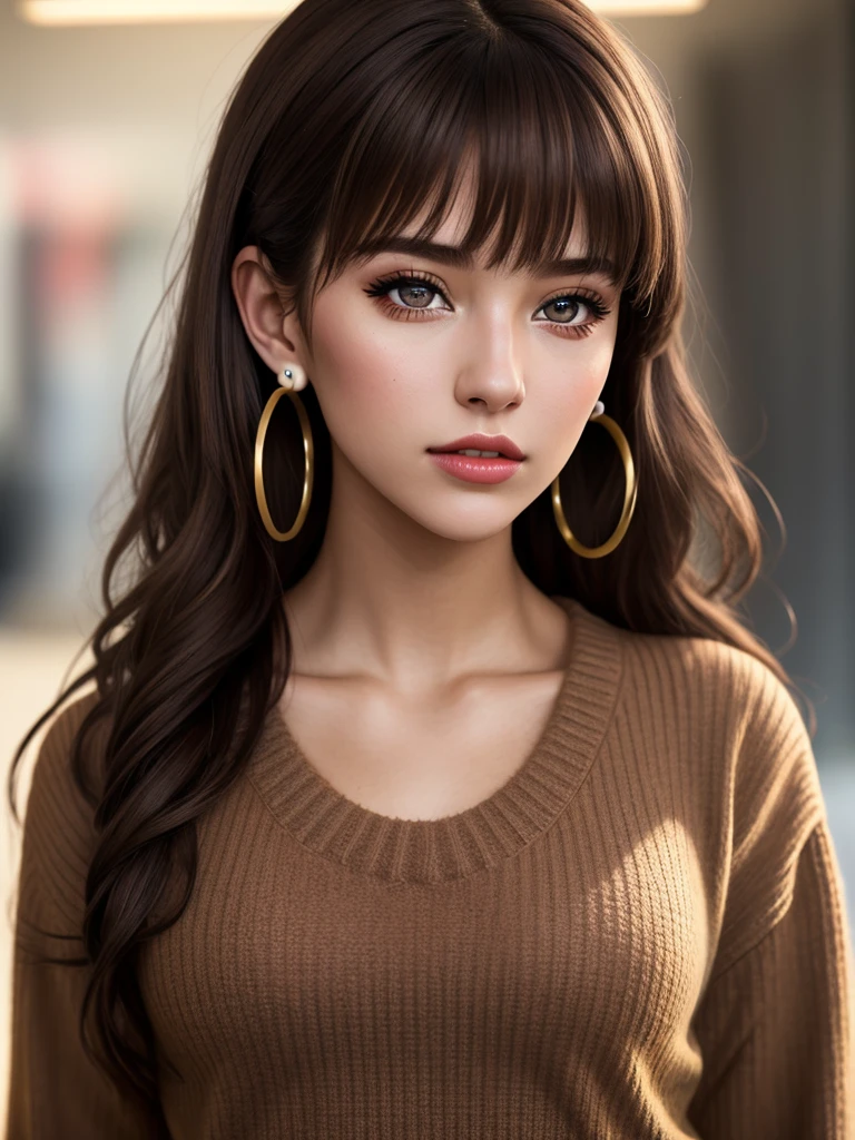 young girl aged 18 yrs old, 1girl, solo, Instagram model, athletic figure, pretty face, wearing a brown sweater, light brown hair, curly hair, crossed bangs, constricted pupils, hair ribbon, hoop earrings, cinematic lighting, Ultra-Wide Angle, Canon, bust chart, Hyperrealism, UHD, masterpiece, textured skin, high details, best quality, detailed eyes, detailed iris, full body photo