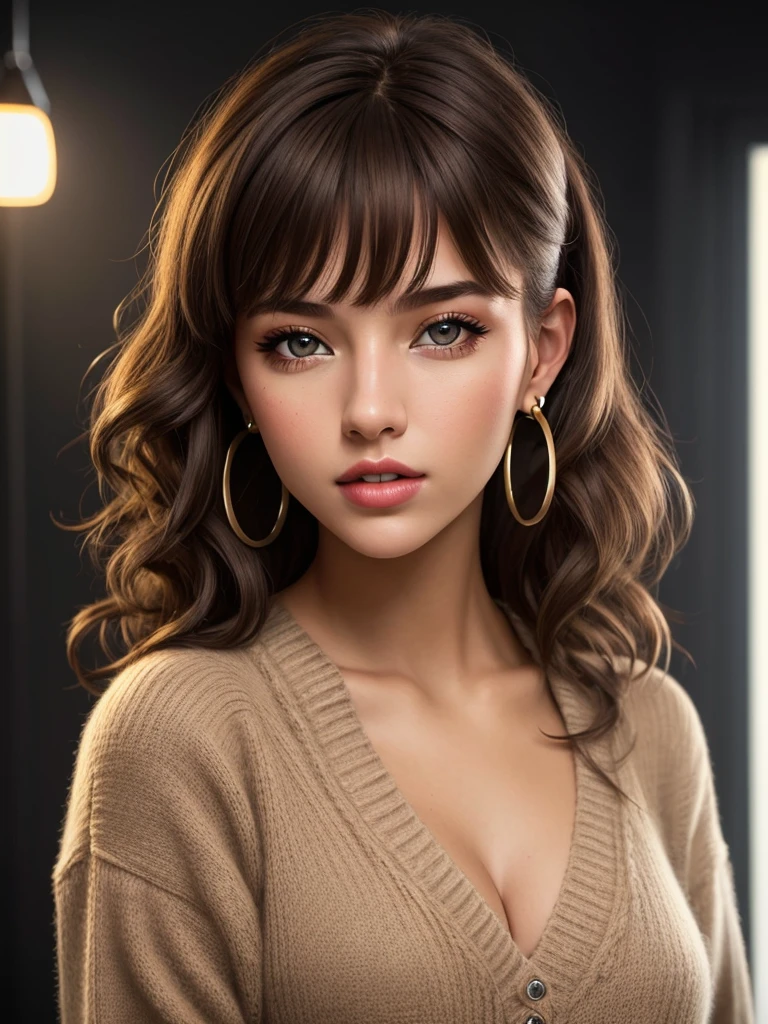 young girl aged 18 yrs old, 1girl, solo, Instagram model, athletic figure, pretty face, wearing a brown sweater, light brown hair, curly hair, crossed bangs, constricted pupils, hair ribbon, hoop earrings, cinematic lighting, Ultra-Wide Angle, Canon, bust chart, Hyperrealism, UHD, masterpiece, textured skin, high details, best quality, detailed eyes, detailed iris, full body photo