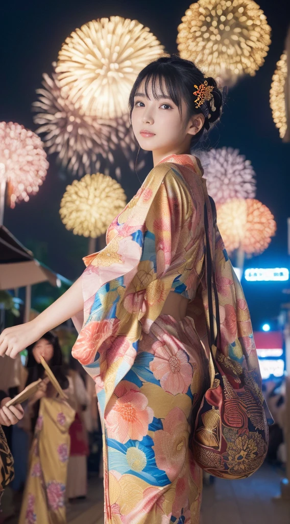 (((Masterpiece，Highest quality，Highest quality，8k，16K))，((Ultra-high resolution，Super detailed)))，Japanese，beautiful girl，glamorous，Golden Ratio Style，Yukata，Hair tying，hairpin，Drawstring bag，geta，night，Outdoor，Summer festival，street vendors，Opening a store，Fireworks display，Fireworks、((河川敷にてSummer festivalのメインイベントであるFireworks displayのFireworksを背景にしたスナップ写真))，(日本のSummer festivalの風景)，