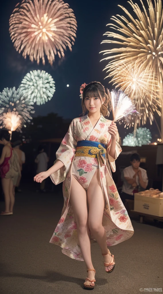 (masterpiece、high resolution、high quality)、Japanese beautiful girl:1.3,18-year-old high school student、Beautiful body、Japanese Yukata、Soaring、night、Laughter、Clear Eyes、Beautiful Skin、Yukata beauty、Hydrangea pattern yukata、Her breasts are exposed from her yukata、Naked under a yukata、Not wearing underwear、Very beautiful mid-chest、Beautiful cherry-colored areola、Erect nipples、Narrow waist、Small butt、Shaved、Cool Summer、nightの夏祭り、Fireworks display、Professional Photography、She is lifting her yukata with her hands to expose her private parts.、No underwear、I can see your pussy