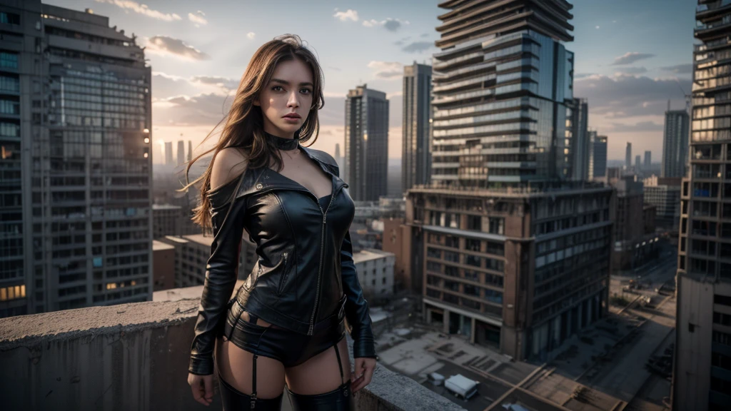 ((masterpiece, best quality, Highest image quality, high resolution, Reality, RAW photos, 8K)), Future city ruins，standing on top of the building，Beautiful girl，Tight leather jacket，Off-shoulder，Large Breasts，Long hair，Black Wings，Pretty face，Closed mouth，dramatic，Mid-range portrait，dusk