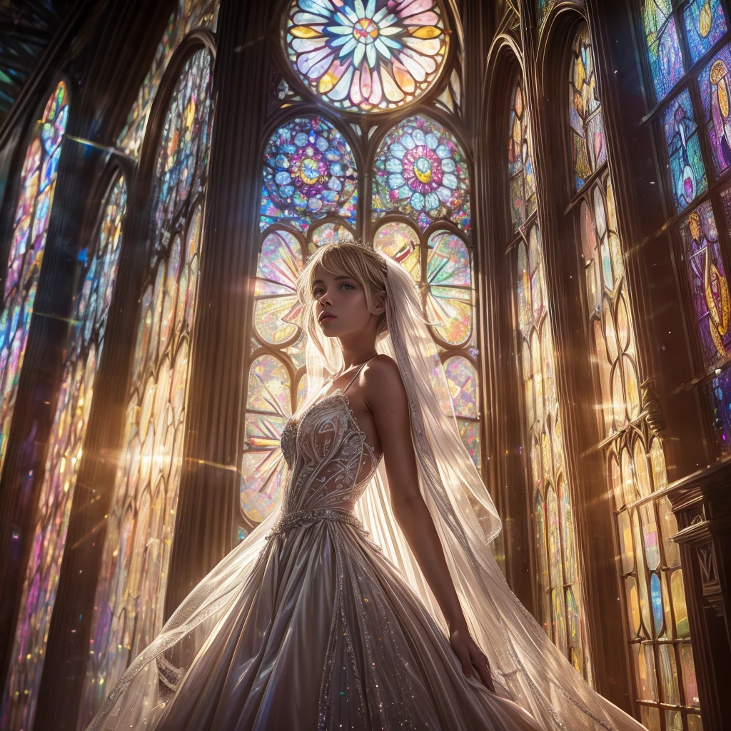  (Cathedral from below:1.28) (ZoomLayer) TopQuality 8K masterpiece of ((Professional photo)), (((Clarisse de Cagliostro))) (Detailed White WeddingDresses), Chain, (((Extremely detailed KAWAII face))) {((VeiledFace))|BlondeHair|(Elaborate BuleEyes)with(SparklingHighlights:1.28)}, The background is distant (((Elaborate stained glass))) Rainbow Glass, {(MysticSight)|EnchantingAtmosphere|Haze|(GodRays)|TyndallEffect}, Radiant PearlSkin with Transparency, (Exposed:0.39)