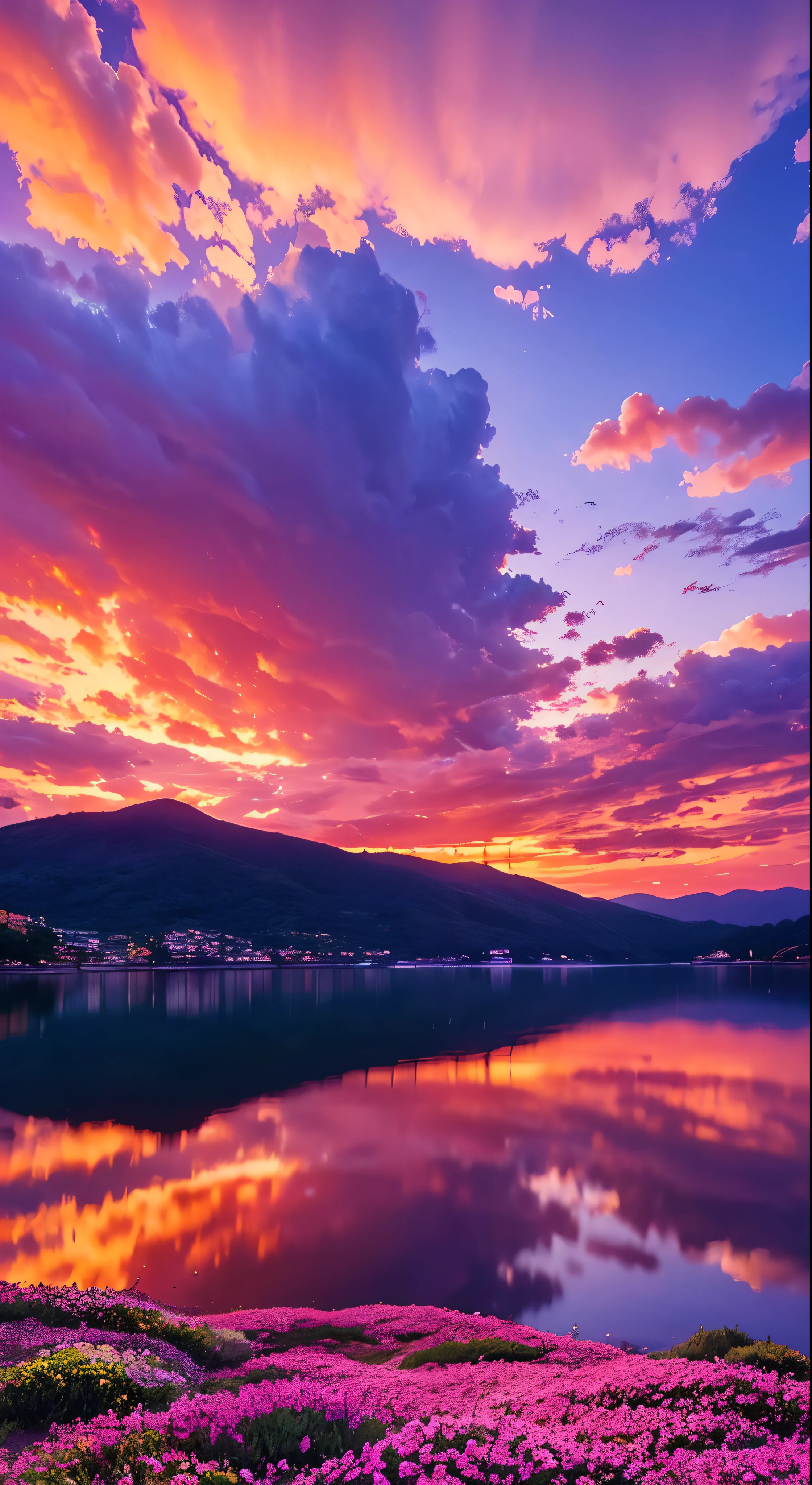 There is a beautiful sunset, the hillside is covered with flowers and plants, the flowers are up close, the colorful sky, the surreal colors, the colorful sunsets, the colorful sky, the marvelous sky reflection, the amazing sky, the fantastic atmosphere 8K, the colorful clouds, the color reflection on the lake, the surreal sky, the red and blue reflection, the fire reflection, the beautiful sky, the beautiful and spectacular dusk, the beautiful dream landscape, the amazing sky