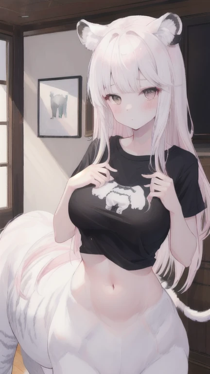 (best quality, masterpiece), 1 girl, centaur, It takes, White skin, Korean ,daughter, black pink,exposing the abdomen, belly button t-shirt , 아름다운 소녀 perfect white tiger photo, perfect white tiger photo