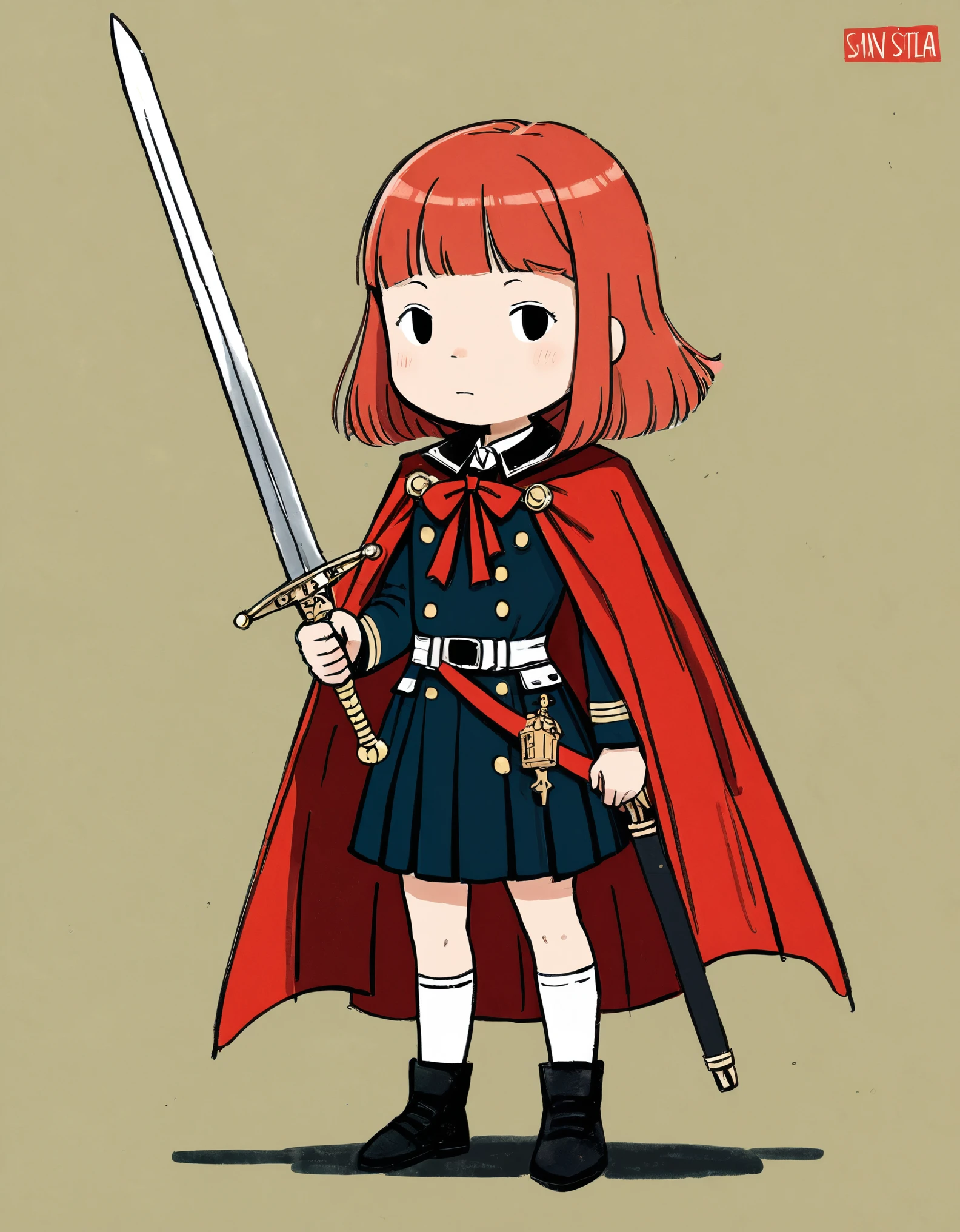 in style of Jean Jullien,in style of Ponsuke ,in style of Santiago Caruso,cutest,1girl,holding a fancy rapier in his hand,military uniforms,neckwear_request,red general's cape,ribbon,