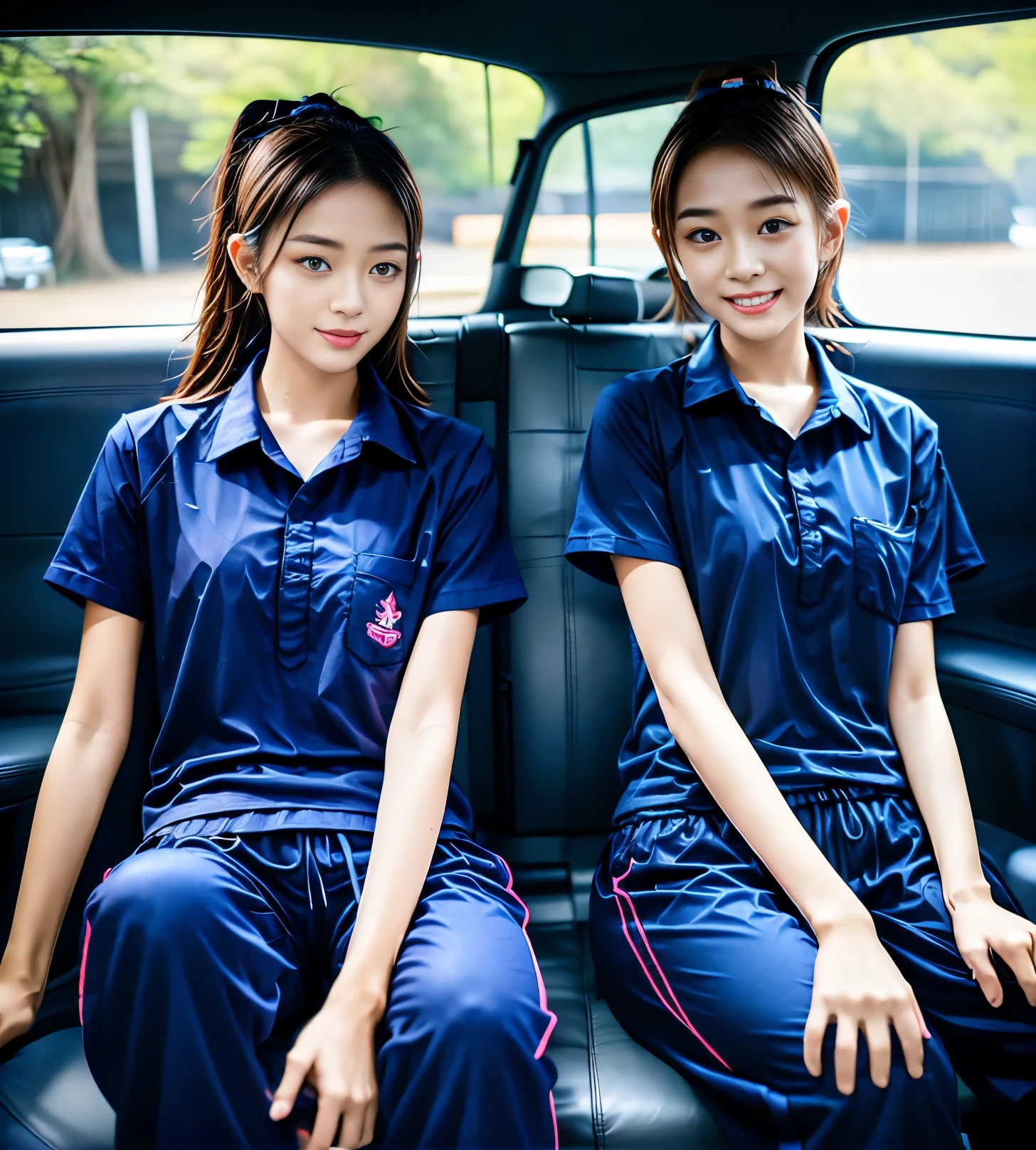 2 girls sitting in the car, Navy blue short-sleeved shirt,Navy Long Trackpant,Sweatpants, Sweatpantsขายาว,25 year old girl, lesbian, sexy, exercise clothes