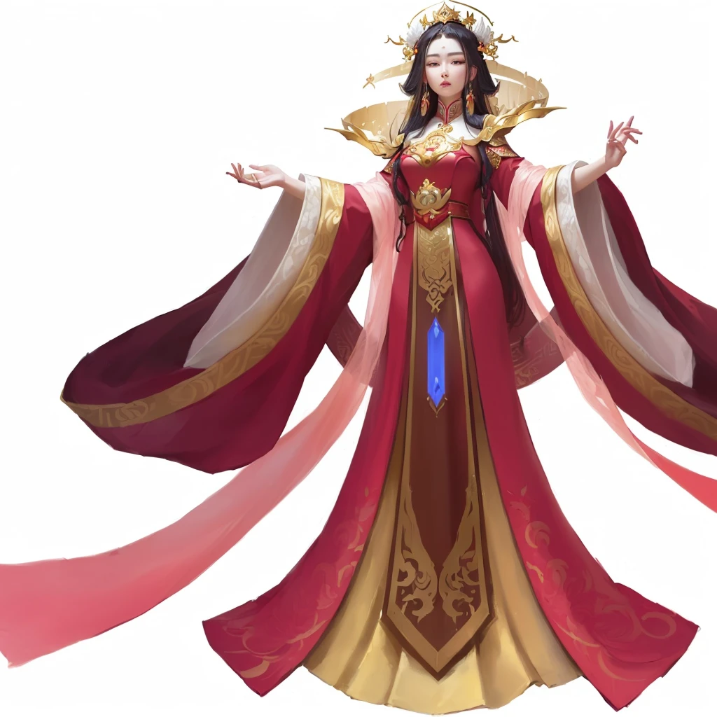 A woman in a red dress、Close-up shot of woman wearing golden crown, Beautiful fantasy queen, Inspired by Lan Ying, Onmyoji detailed art, Inspired by Ju Lian, ((Beautiful fantasy queen)), Inspired by trees, Full body fairy, Simple Futuristic Queen, Chinese Empress, Inspired by Qiu Ying