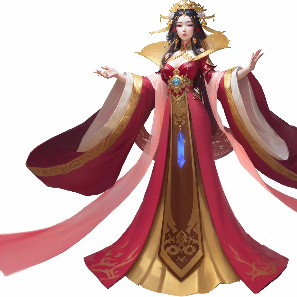A woman in a red dress、Close-up shot of woman wearing golden crown, Beautiful fantasy queen, Inspired by Lan Ying, Onmyoji detailed art, Inspired by Ju Lian, ((Beautiful fantasy queen)), Inspired by trees, Full body fairy, Simple Futuristic Queen, Chinese Empress, Inspired by Qiu Ying