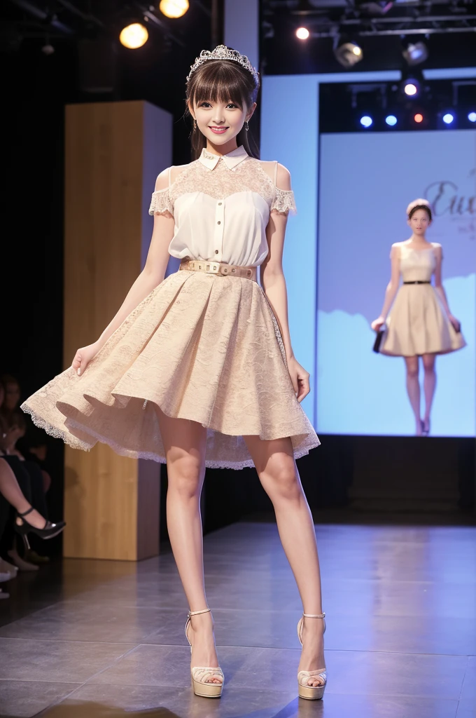 Amazingly large eyes, Smiling face、H cup bust、50cm waist、Slender and fair-skinned、20-year-old、Slim figure、Wearing a vivid pleated skirt and a sheer lace blouse、Wearing high heels。On the runway at a fashion show、Her whole body was shown, from her high heels to her head, as she walked towards the viewer.、Bright, photo-quality images。