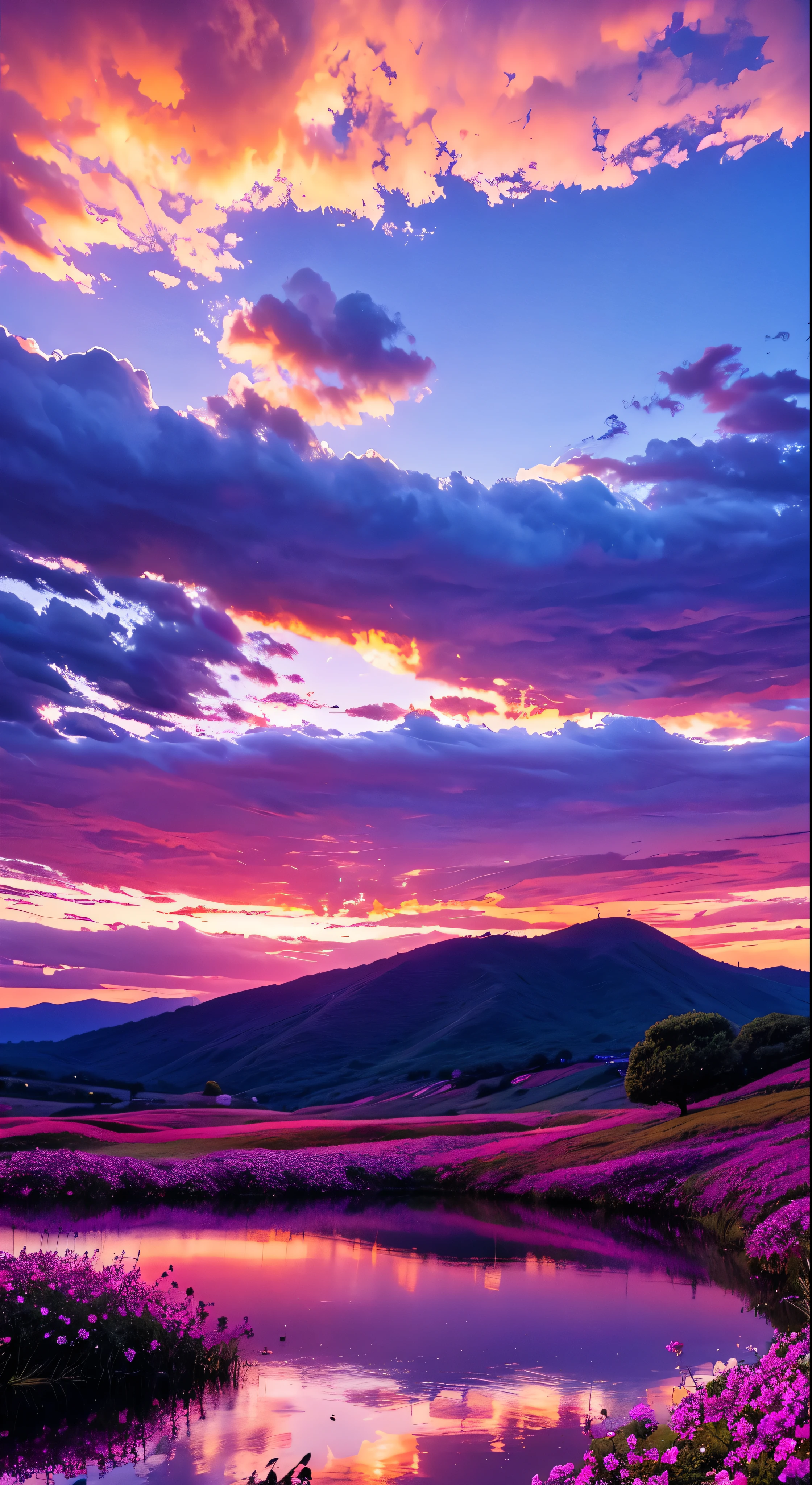There is a beautiful sunset, the hillside is covered with flowers and plants, the flowers are up close, the colorful sky, the surreal colors, the colorful sunsets, the colorful sky, the marvelous sky reflection, the amazing sky, the fantastic atmosphere 8K, the colorful clouds, the color reflection on the lake, the surreal sky, the red and blue reflection, the fire reflection, the beautiful sky, the beautiful and spectacular dusk, the beautiful dream landscape, the amazing sky