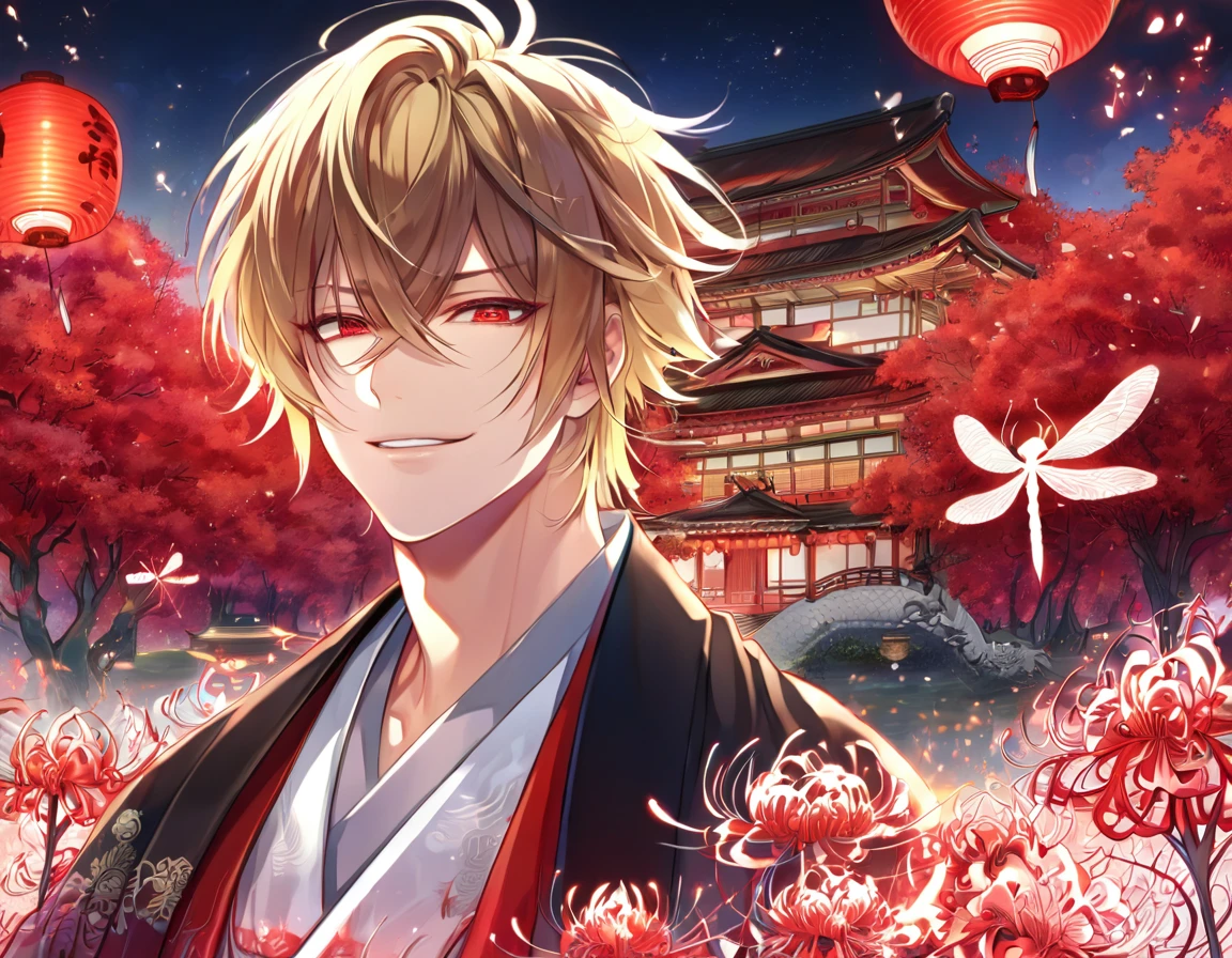 absurdres, highres, ultra detailed, HDR, master piece, best quality, detailed eyes, extremely detailed, delicated features, Kazama Chikage, dark blonde hair, expressive red eyes, Hakuouki, solo, sexy man, handsome, smile, white kimono, black haori, red collar, magical, fantasy, red spider lilies, red glittering dragonflies, red lanterns, traditional Japanese house, red trees, envy magical